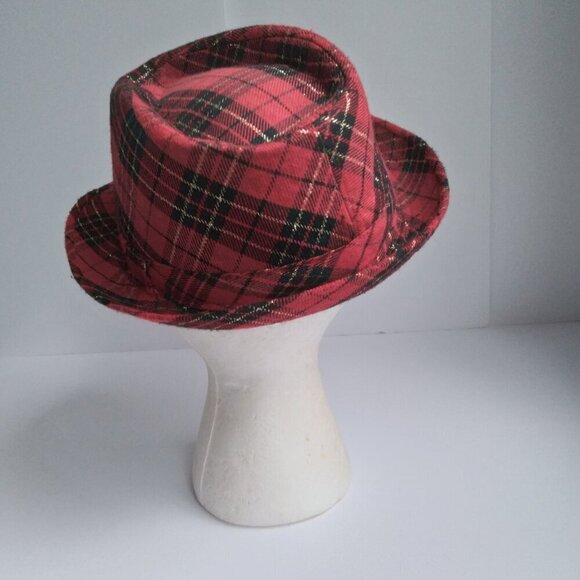 Red & Black Woven with Gold Thread Tartan Corduroy Porkpie Hat ~ Super Cute!! - Picture 3 of 9